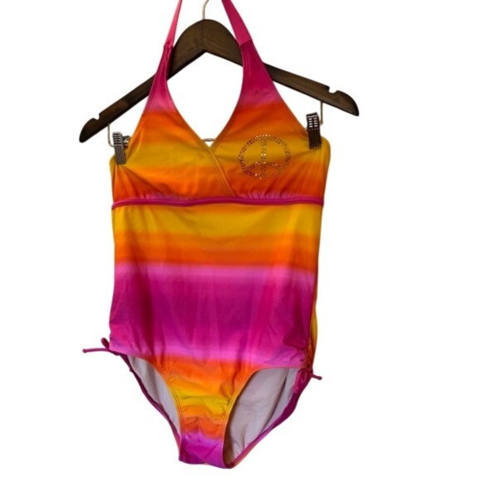 Joe Boxer Pink Orange Ombre Peace Sign Rhinestone Halter One Piece Swimsuit Boho